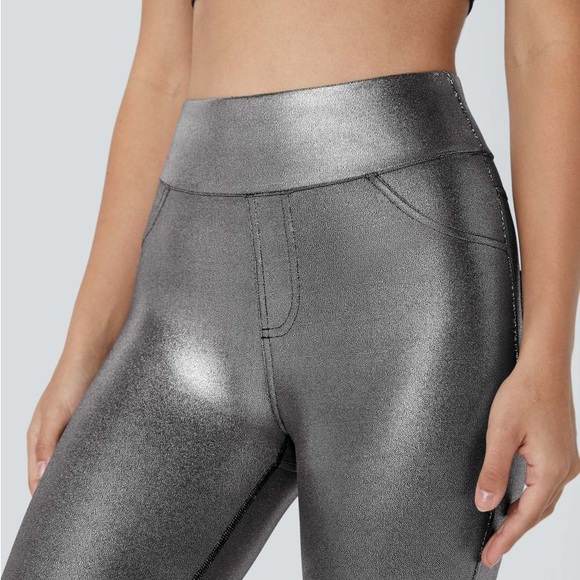 Halara SoftlyZero Faux Leather High Waisted Pocket Work Leggings Large Silver - Picture 4 of 9